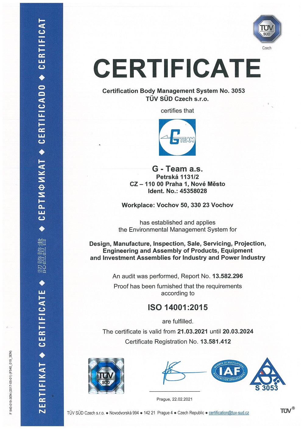 Certifikt ISO 14001: 2015